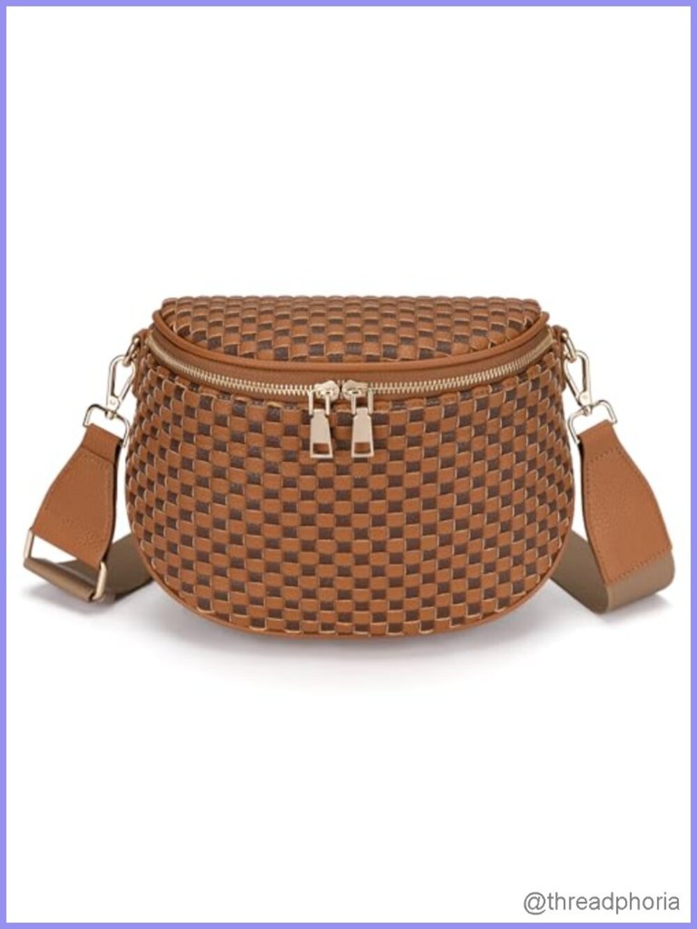Woven Leather Crossbody Bag with Zipper Adjustable Strap